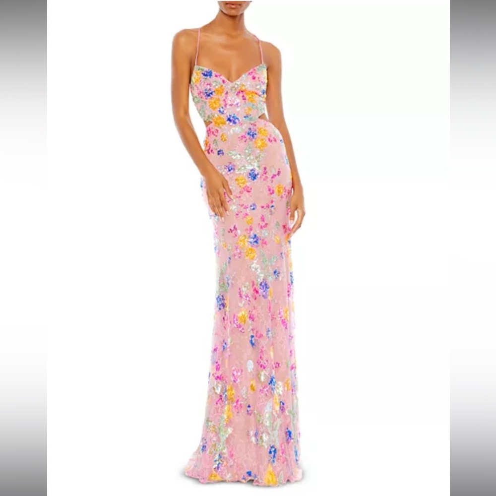 Mac Duggal Pink Embellished Lace Strappy Column Gown